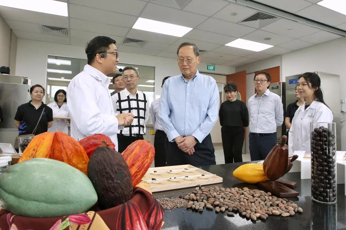 Manpower Minister Tan See Leng (centre) at Barry Callebaut’s global innovation hub in Geneo, with the chocolate manufacturer’s head of research and development Liu Yeting (left) and CapitaLand Development’s CEO Jonathan Yap (second from left).