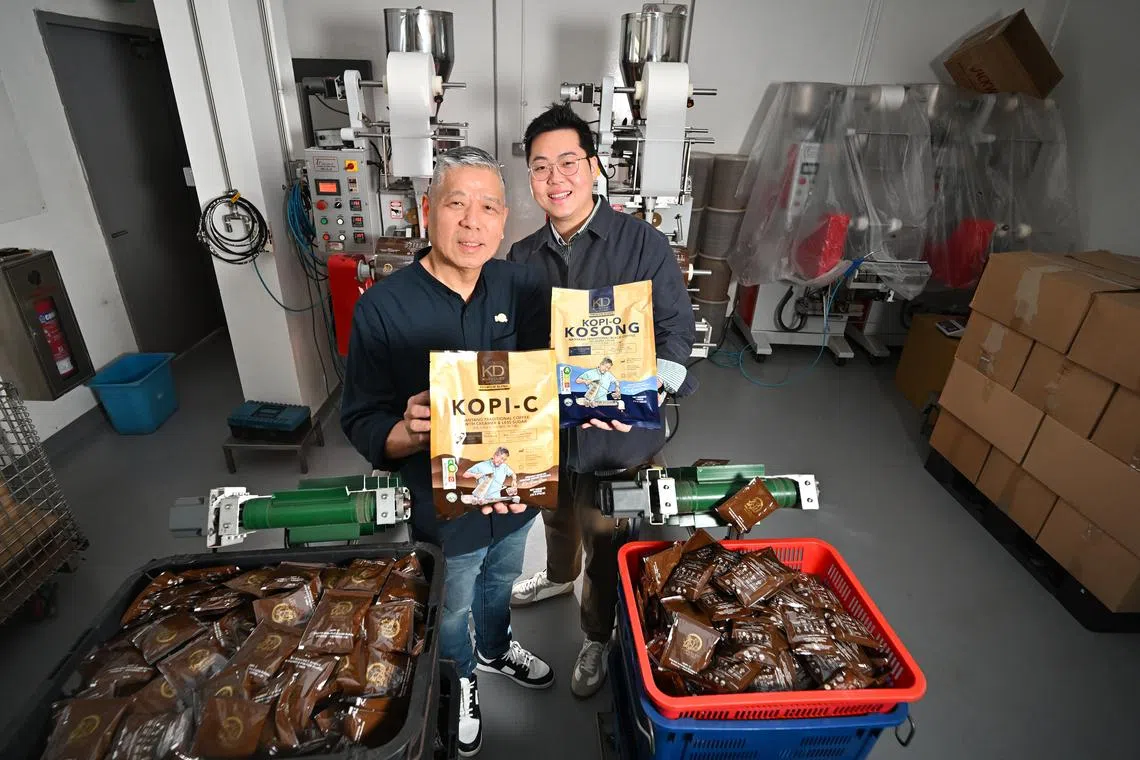 Mr Jason Soon and his son Nigel Soon. Kim Guan Guan Coffee imports, roasts, packs and supplies traditional grounded coffee powder and tea dust at its own certified roastery in Singapore.
