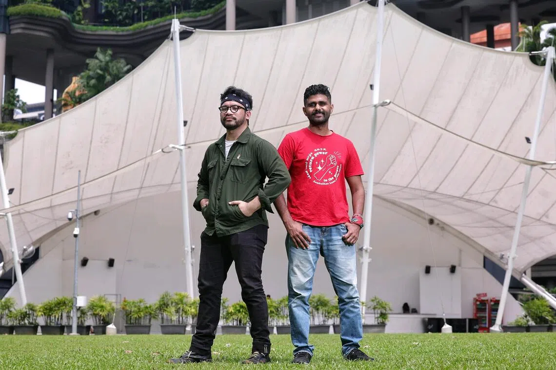 Makan Minum Workers founder Kyle Ahmad (left) met Suraendher Kumarr, a community worker at Workers Make Possible and now an active member of MMW, through a labour event in 2024. The friends subsequently collaborated on campaigns.