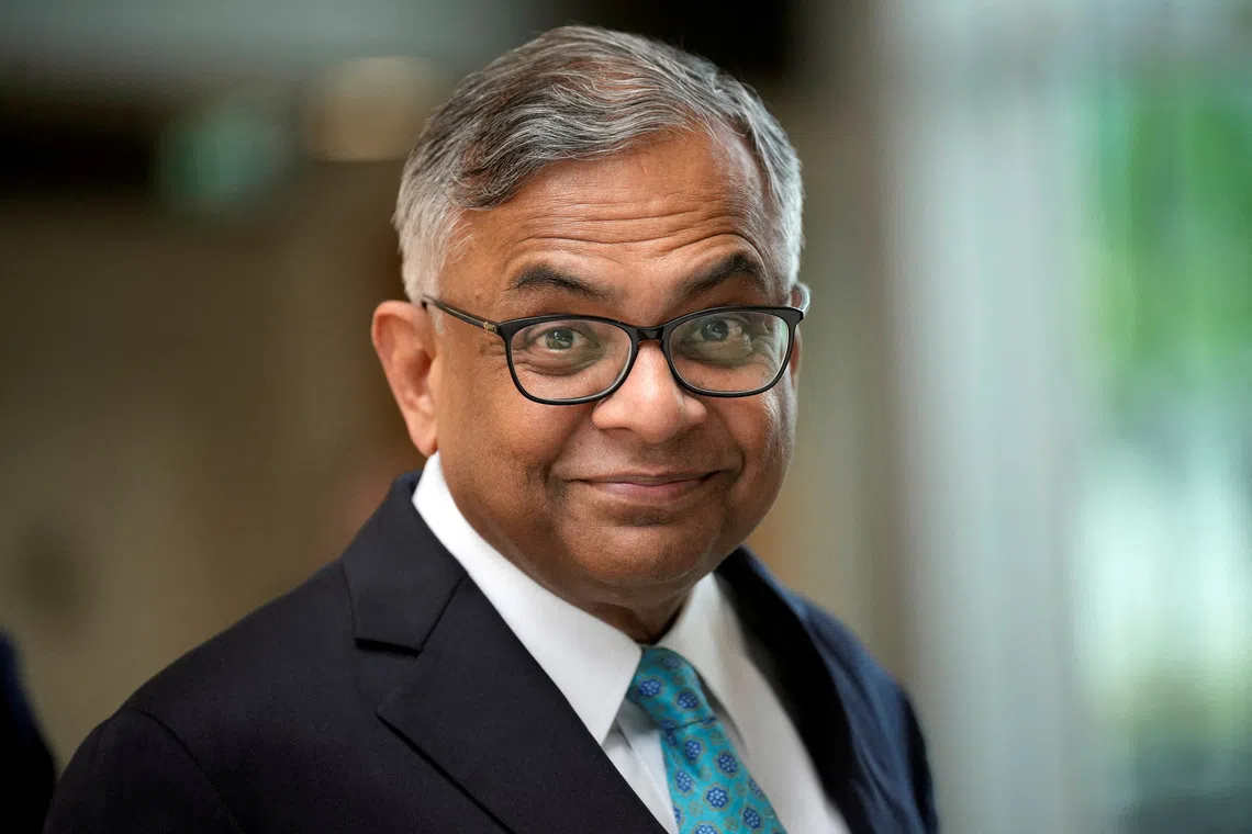 FILE PHOTO: Chairman of the Board at Tata Sons, Natarajan Chandrasekaran, visits Land Rover for an announcement on a new electric car battery factory on July 19, 2023 in Warwick, England. Christopher Furlong/Pool via REUTERS/File Photo