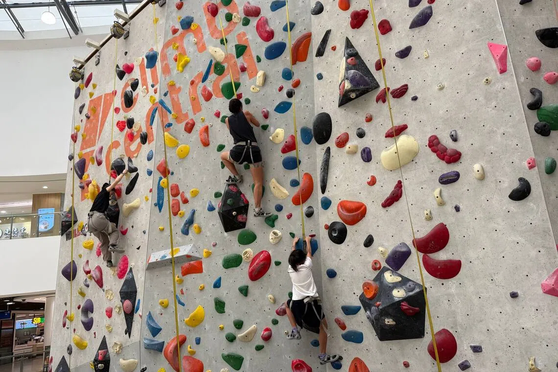 Patrons of Kallang Wave Mall's Climb Central continue to scale the rock climbing walls in the mall.