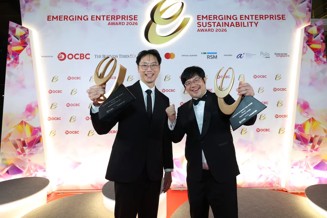Winners of the Emerging Enterprise Award category. Tyler Peh, chief executive officer, chief marketing officer and co-founder of Woosa Sleep (left) and William Yeung, CEO and co-founder of MediConCen.