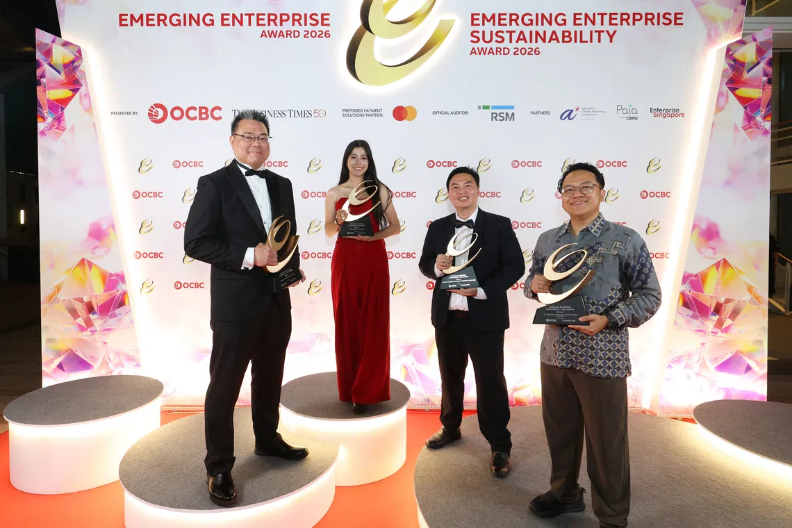 Winners of the Emerging Enterprise Sustainability Awards category. From left: Leong Yew Wei, CEO and founder at Matwerkz Technologies; Inthira Kalanjiam, CEO and founder at LAFRE Global; Steven Ng, director at Geomax Rubber Innovative Products and Rendy Aditya Wachid, CEO and founder at Raesaka Amanah Widyakarya (Parongpong RAW Lab).
