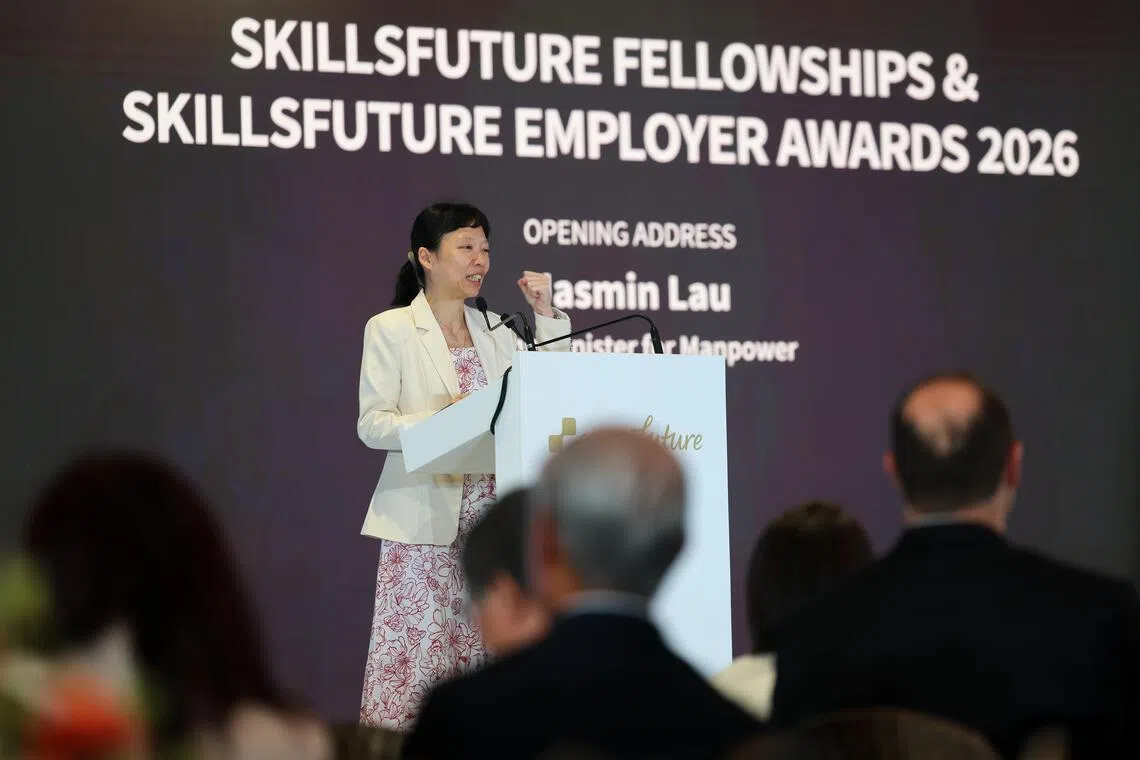 Acting Minister for Manpower Jasmin Lau speaking at the SkillsFuture Fellowships and SkillsFuture Employer Awards Ceremony on Oct 28.